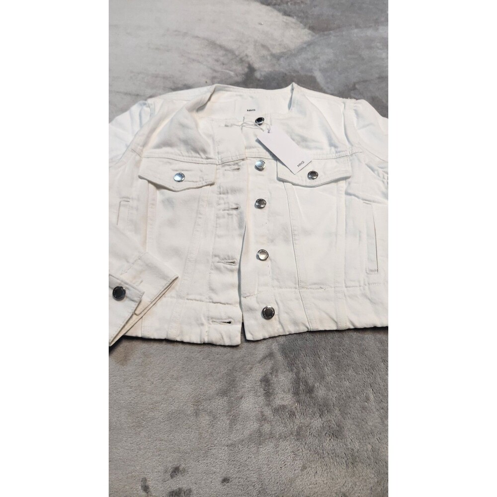 Mango‎ Womens Small White Crop Denim Jacket 100% Cotton Cowboy Long Sleeve NWT